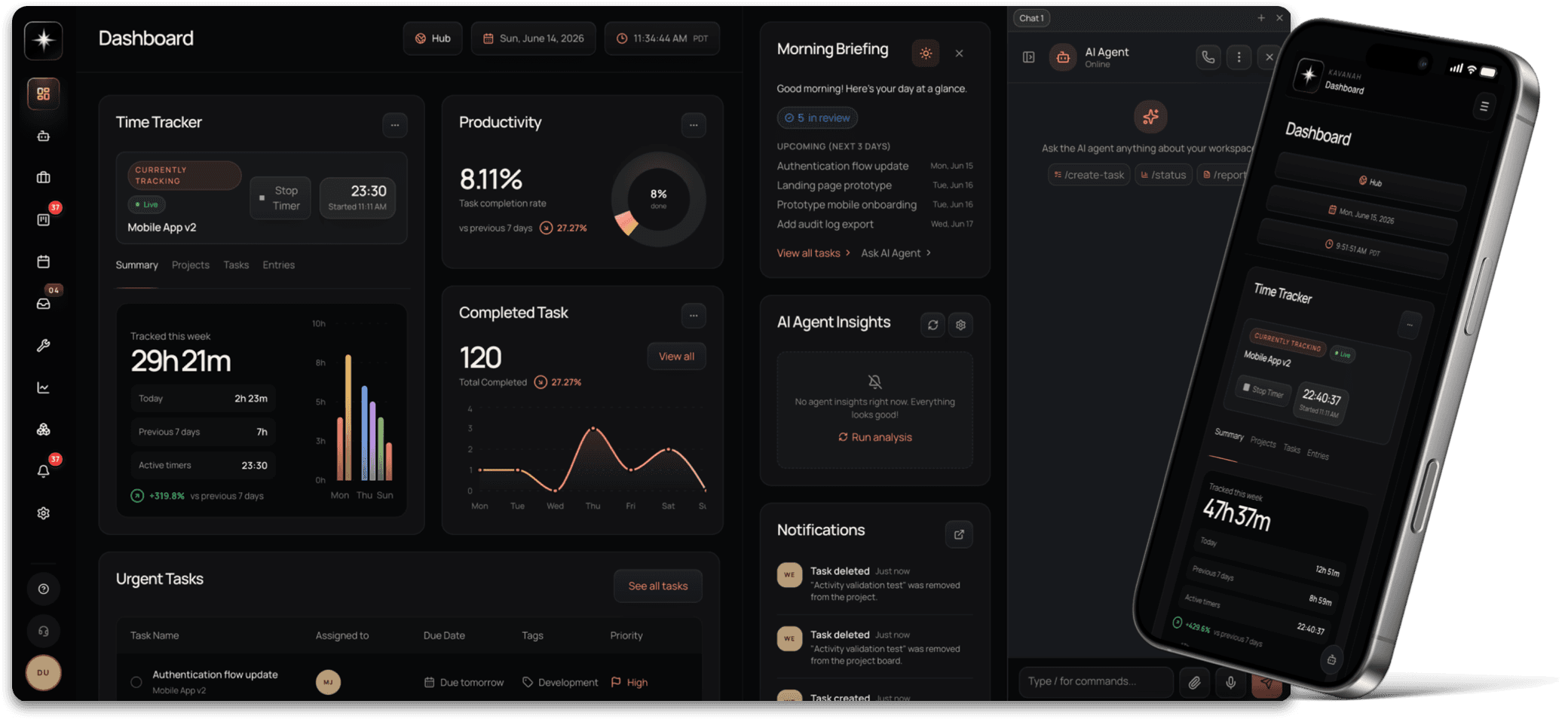 Kavanah dashboard shown side by side on a desktop app and a mobile phone